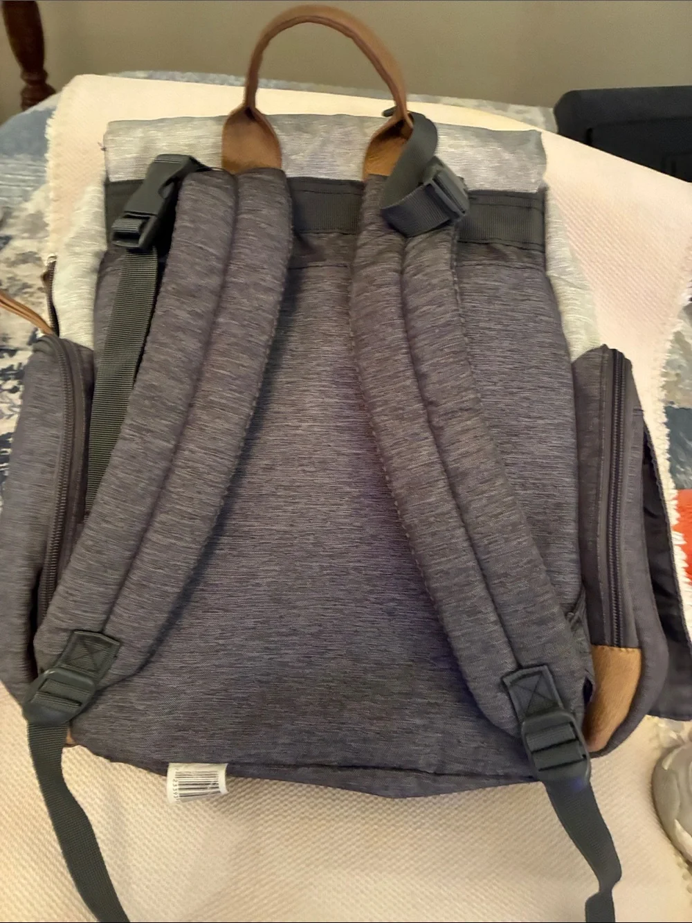 Eddie Bauer Cascade Canvas Two-Tone Gray & Cream DiaperBackpack w/ Tan Accents